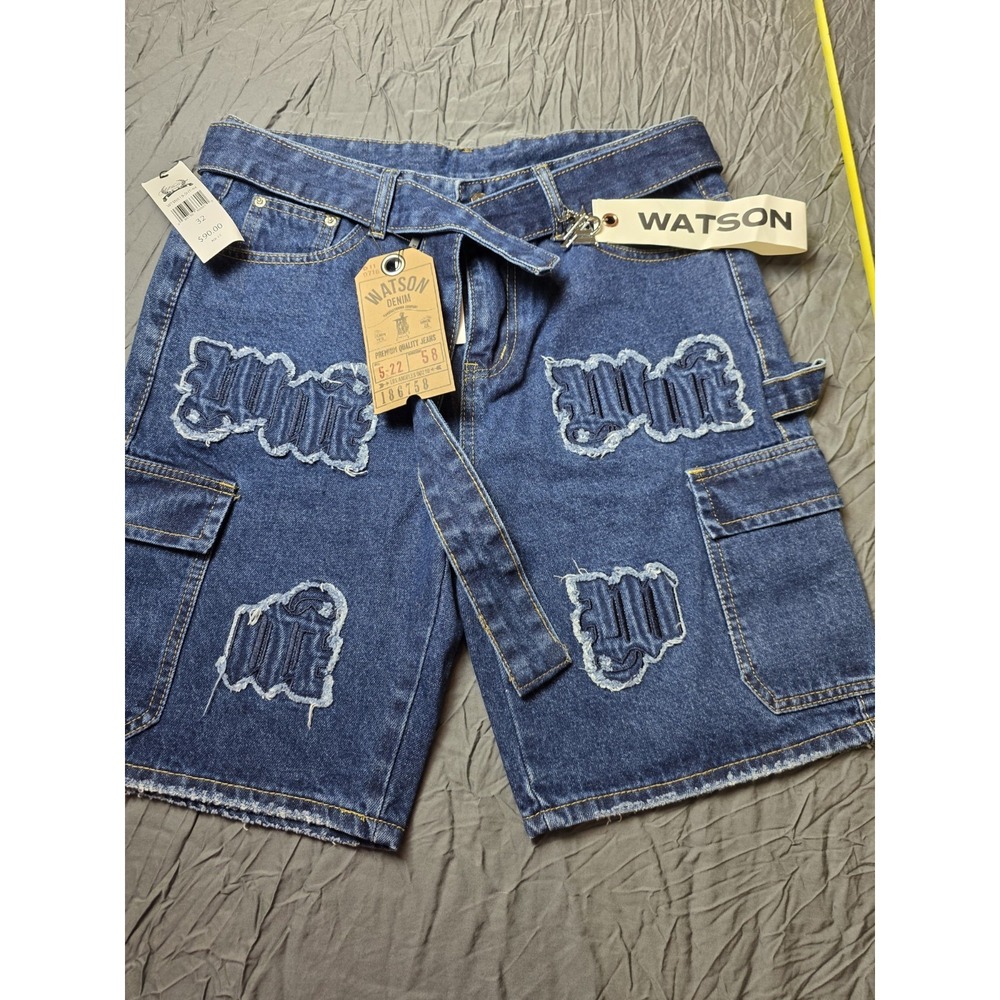 Watson Denim Cargo Shorts Men's 32 NWT Blue Distressed Logo Streetwear Belt